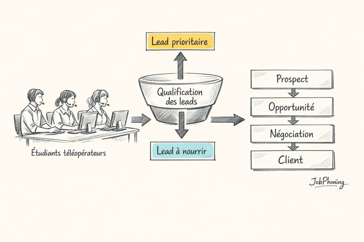 Schéma représentant l’intégration d’étudiants téléopérateurs via pipeline segmenté, flèches et blocs interconnectés.