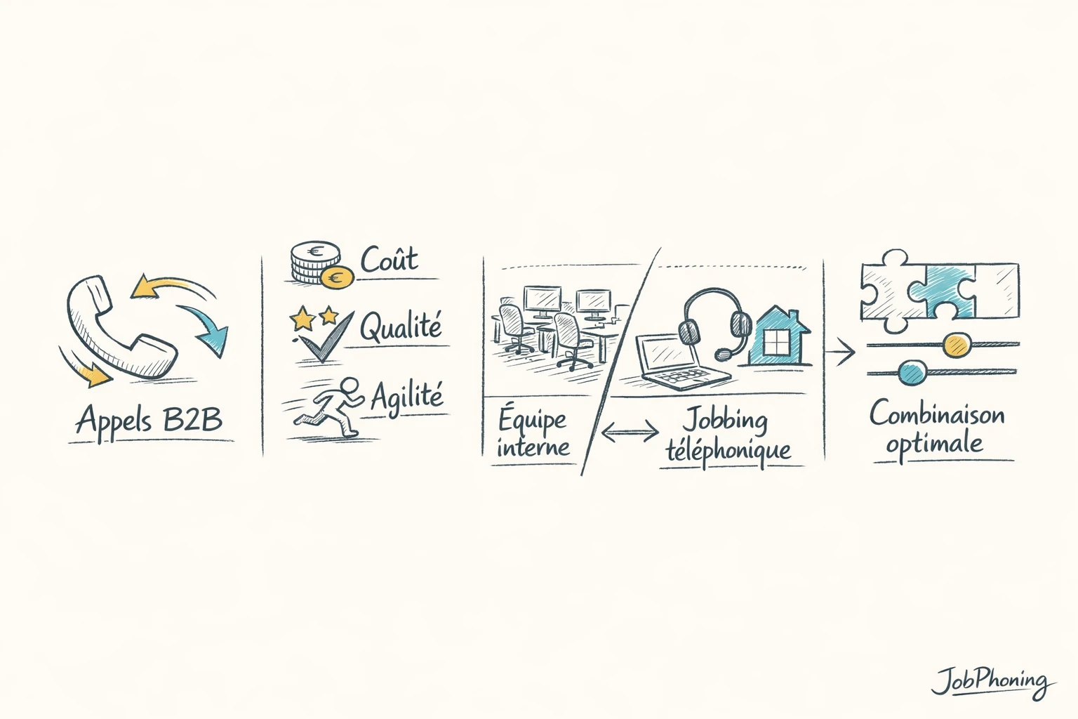 Schéma représentant le choix du mix téléphonique via blocs reliés et flèches minimalistes