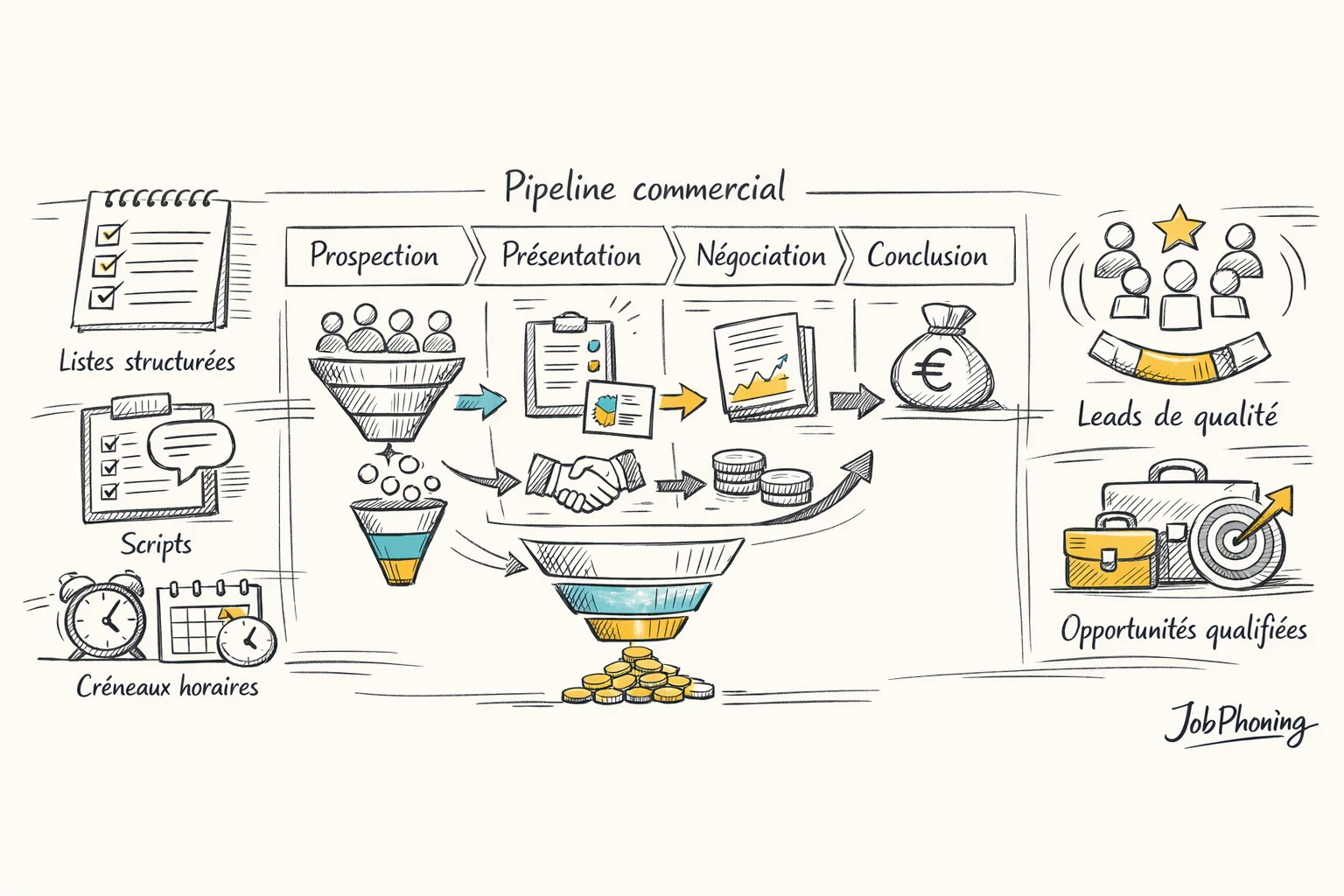 Infographie représentant l’organisation des appels sortants via entonnoir, pipelines et blocs segmentés