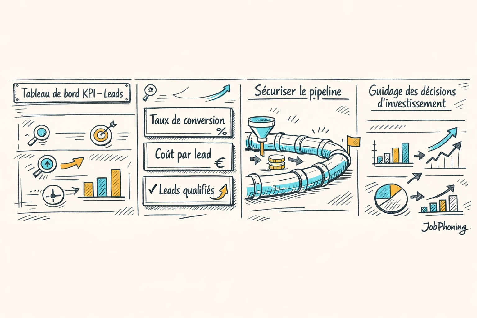 Schéma représentant la construction d’un tableau de bord KPI via blocs reliés séquentiellement