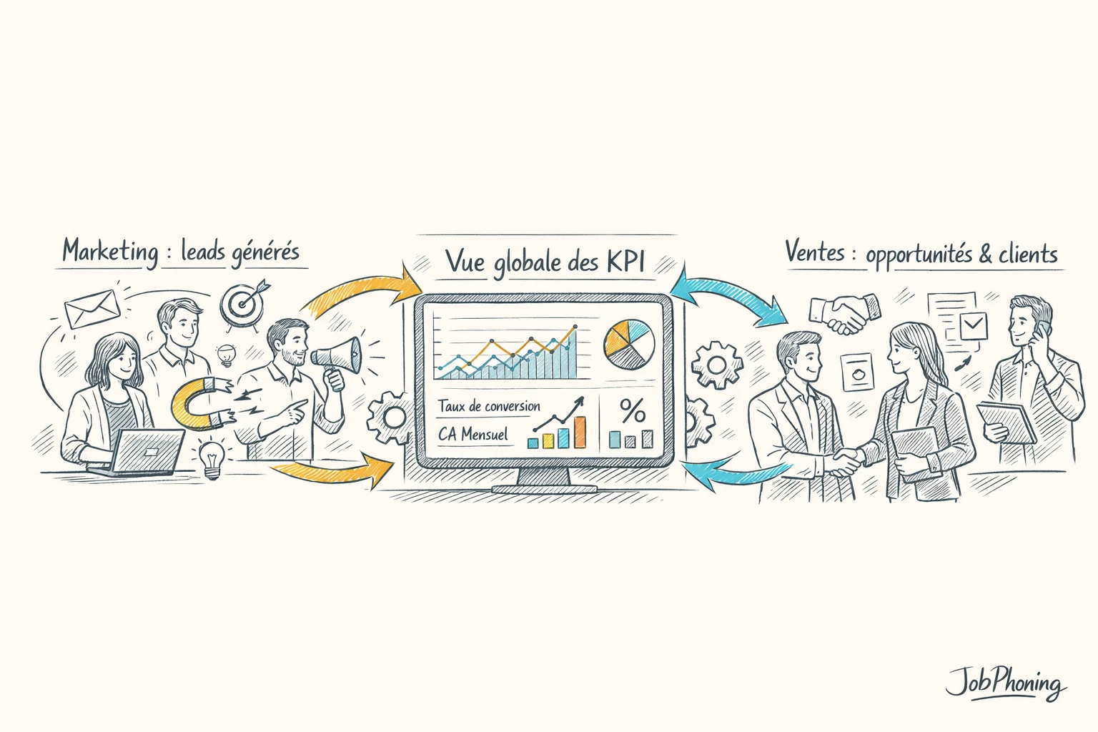 Infographie représentant la structuration des KPI de leads via tableau central, blocs, entonnoir et pipeline