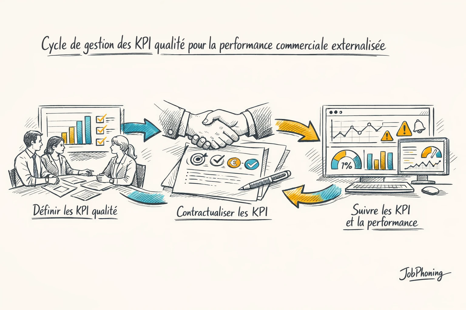 Schéma représentant le cadrage de KPI qualité via blocs reliés en flux séquentiel.