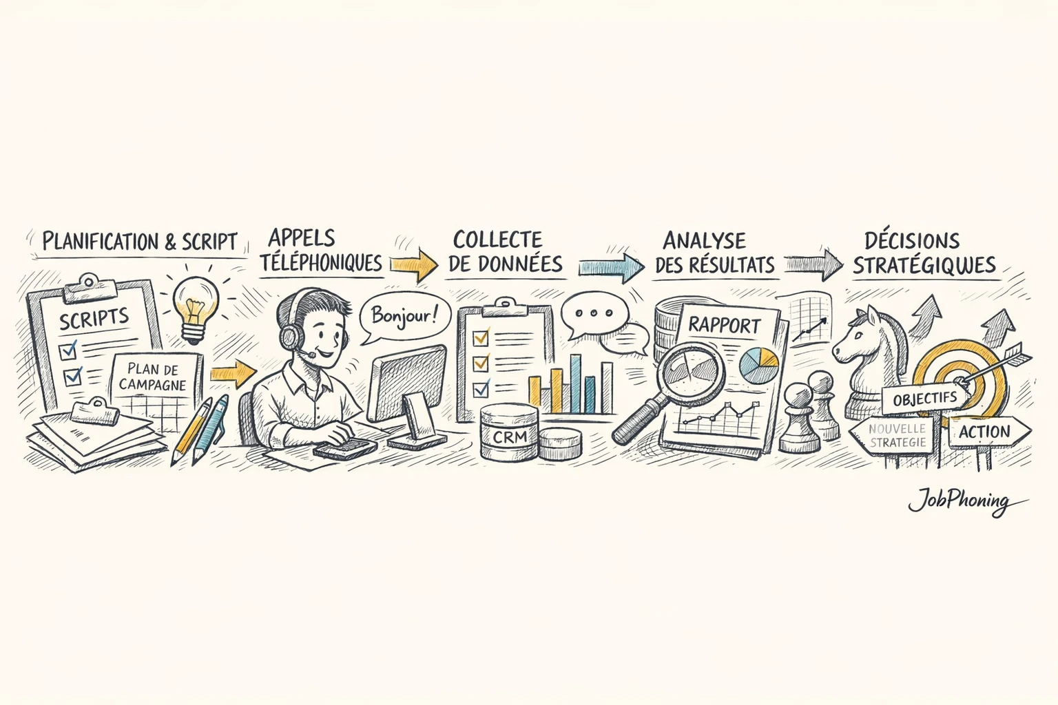 Schéma représentant un projet pilote de télémarketing via blocs séquentiels reliés par des flèches