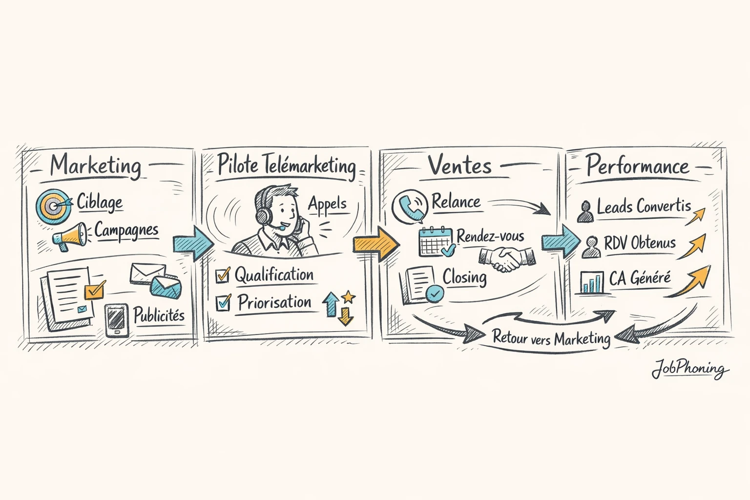 Infographie représentant l’intégration d’un pilote télémarketing via un hub central connecté à blocs ventes, marketing