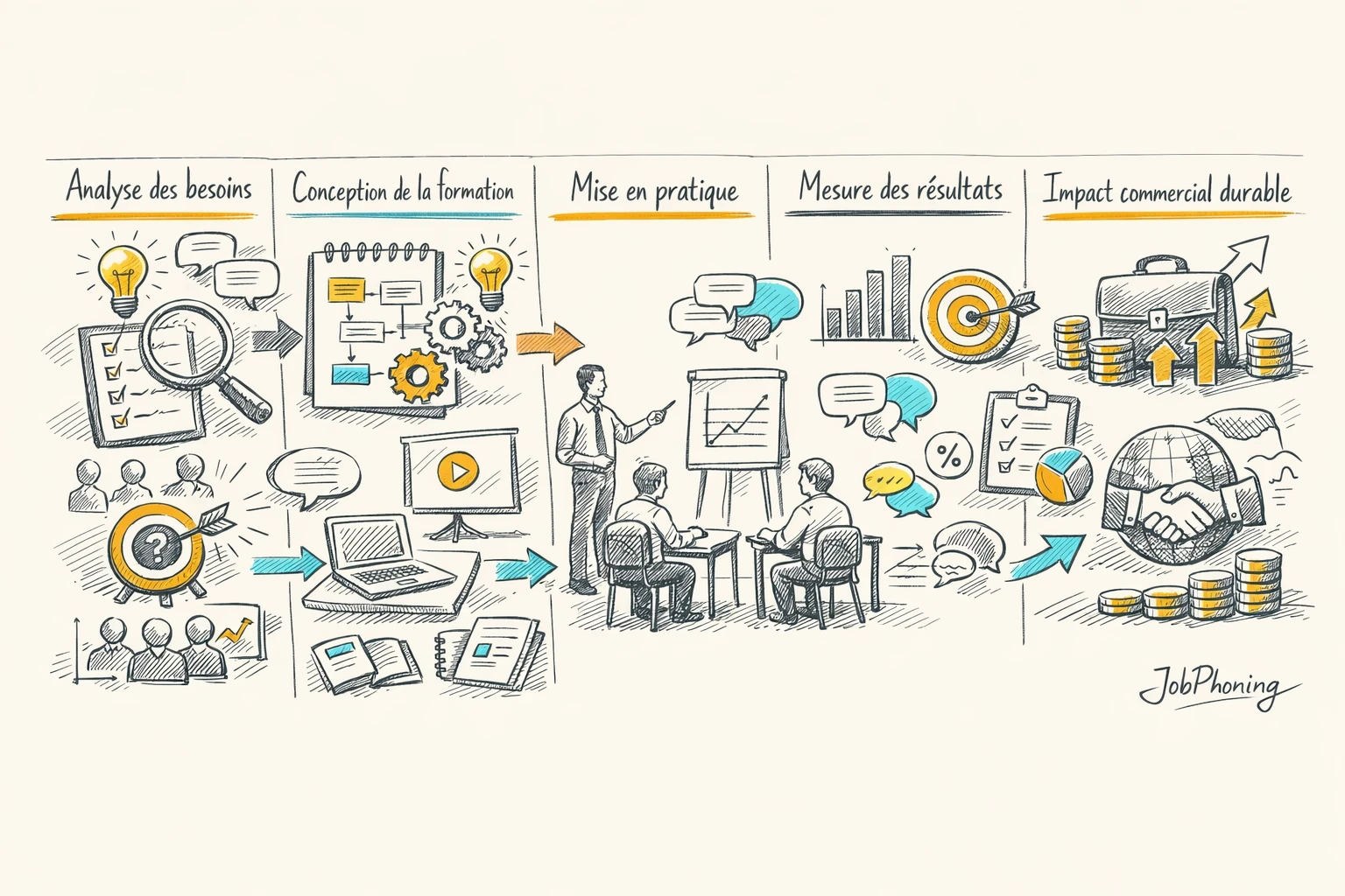 Schéma représentant un parcours de formation prospects via blocs reliés et flèches séquentielles