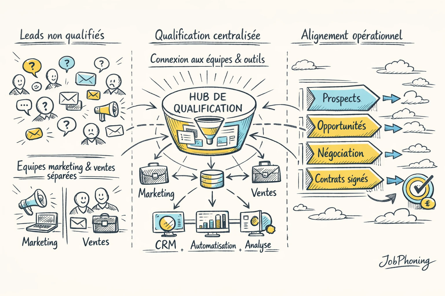 Schéma représentant la structuration de la qualification prospects via un noyau central relié à plusieurs