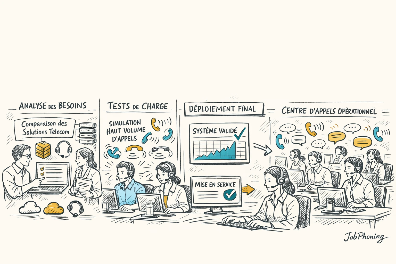 Schéma représentant le choix et le déploiement d’un logiciel d’appels via blocs reliés et flèches