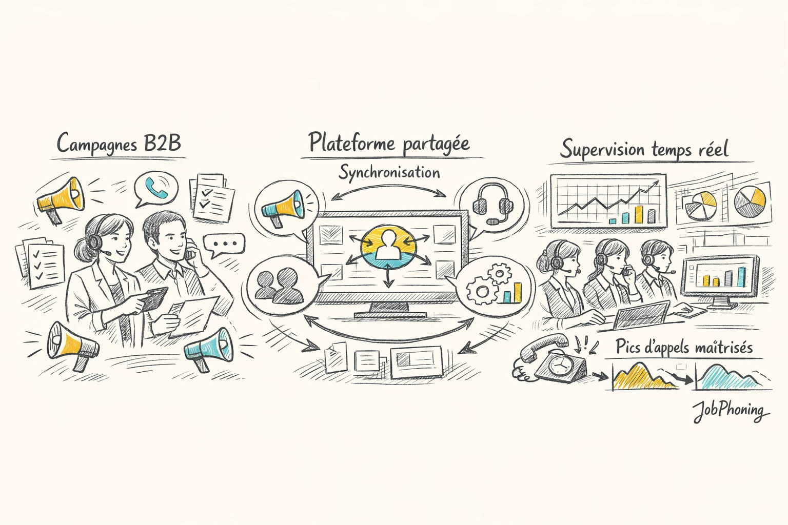 Infographie représentant la coordination des équipes B2B via un hub central et plusieurs blocs interconnectés.