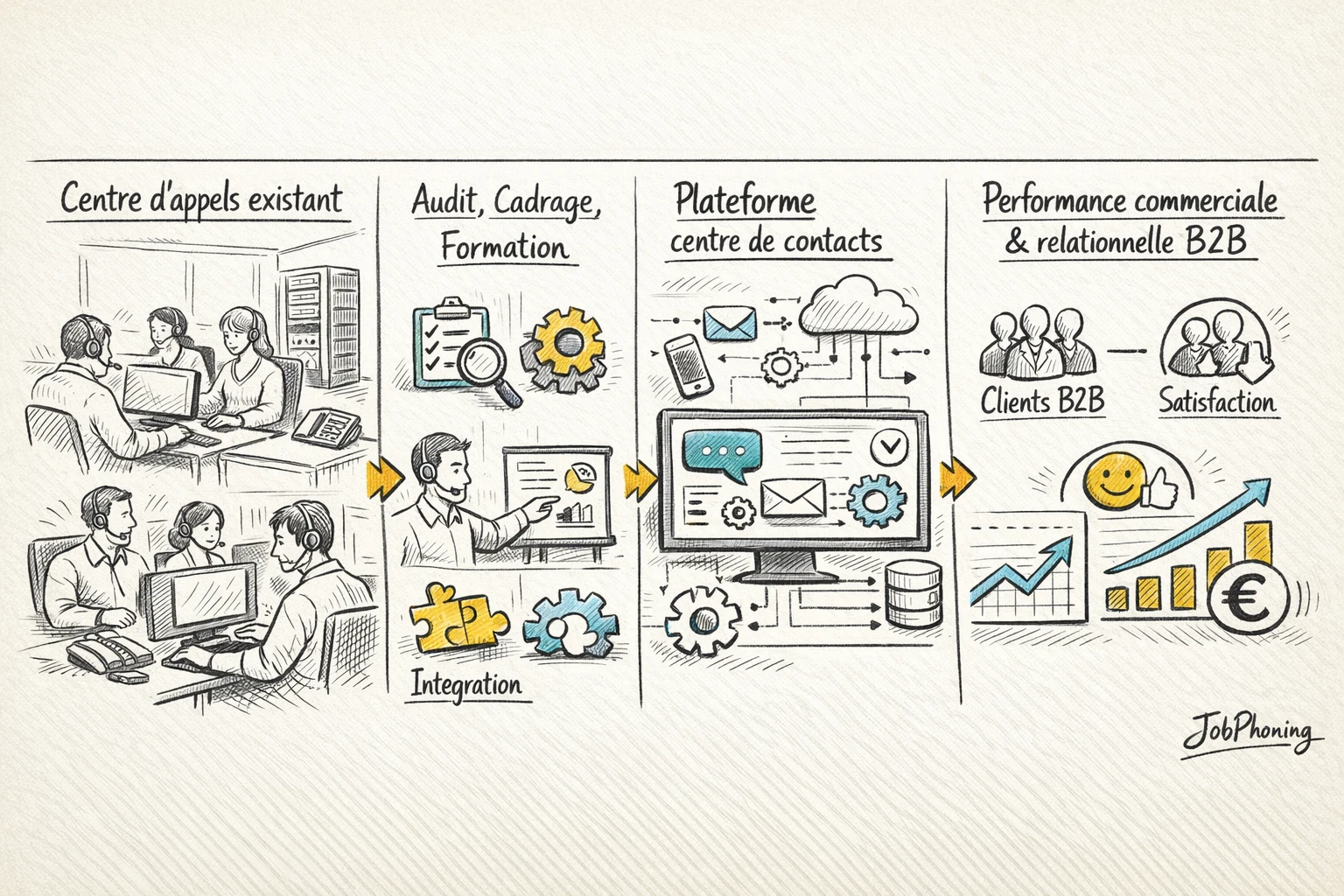 Schéma représentant la mise en œuvre d’un logiciel de centre d’appels via un enchaînement de