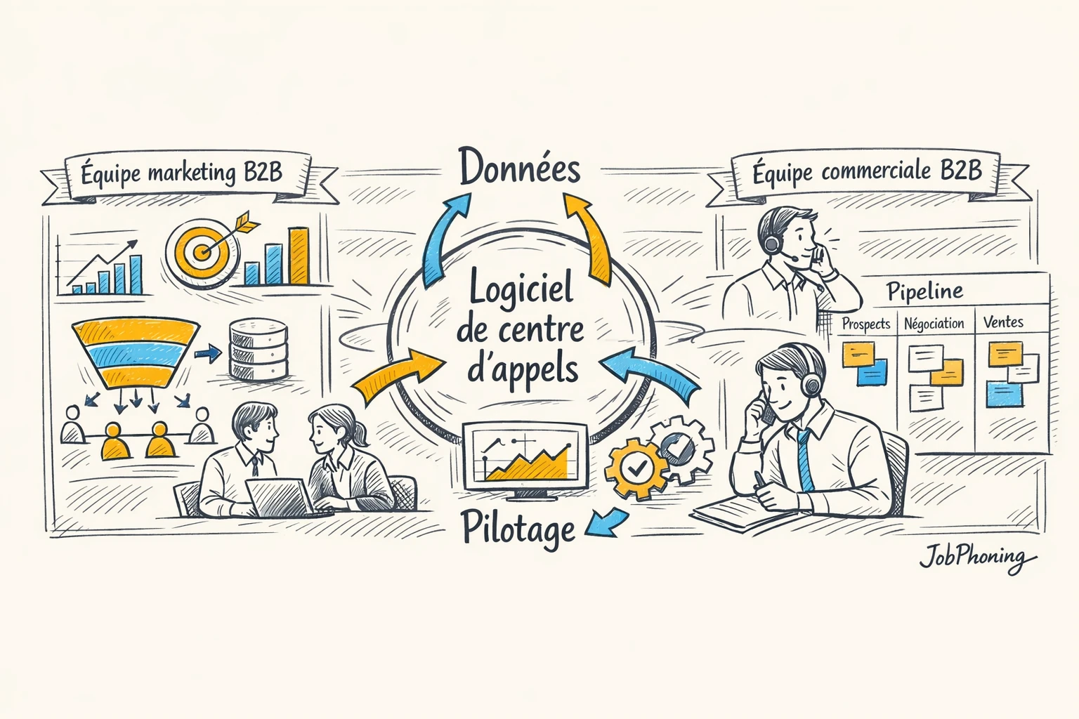 Schéma représentant l’intégration d’un logiciel d’appels B2B via hub central, écrans abstraits et flux de