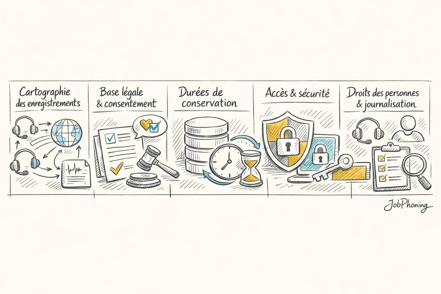 Schéma représentant la configuration RGPD des enregistrements via blocs reliés illustrant étapes et contrôles du