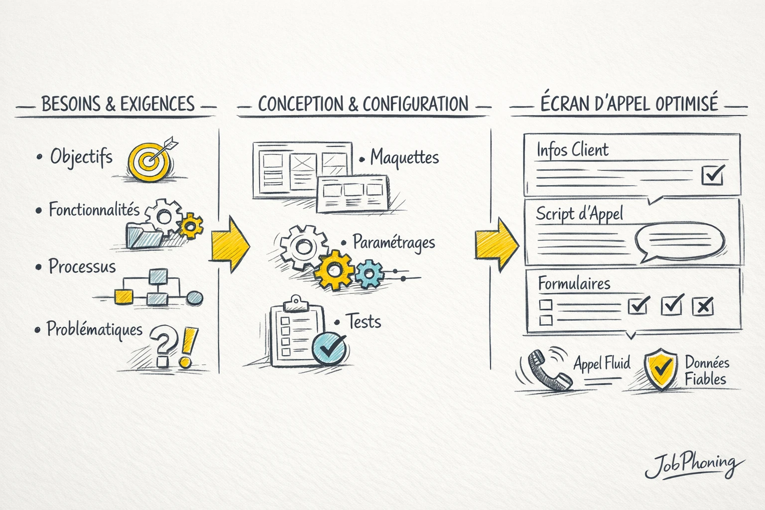 Schéma représentant la conception d’écrans agents via enchaînement de blocs reliés et rectangles symbolisant des