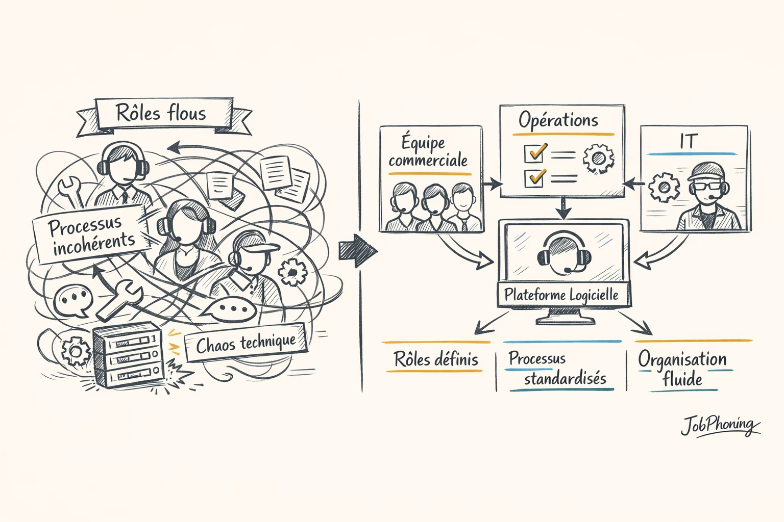Schéma représentant la gouvernance d’un centre d’appels via un noyau central connecté à plusieurs blocs