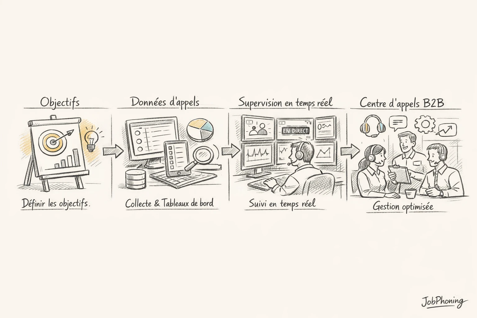 Schéma représentant le déploiement d’un pilotage temps réel via blocs connectés bleu ciel et jaune