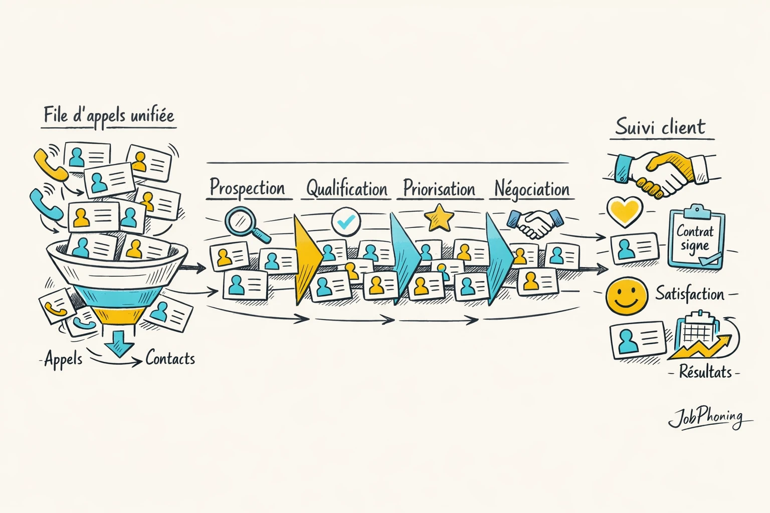 Infographie représentant la structuration des appels sortants via pipeline central, files d’attente et colonnes d’opportunités