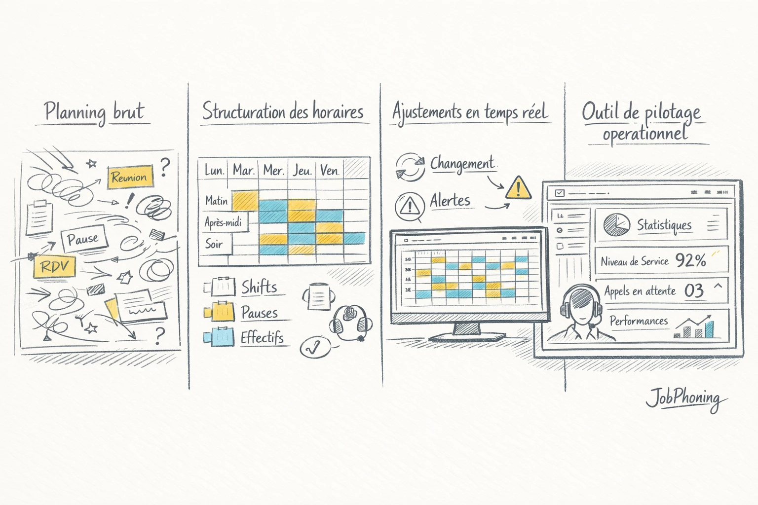Schéma représentant l’organisation progressive des horaires via blocs reliés illustrant analyse, planification et ajustements continus.