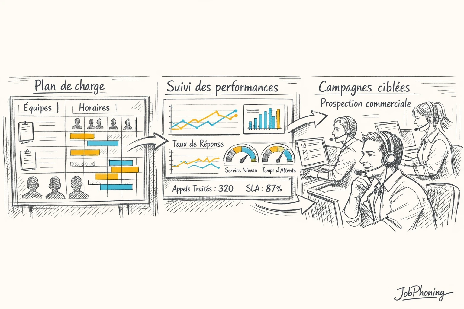 Infographie représentant la planification d’un centre d’appel via pipeline, calendrier, téléphones et tableau de suivi.