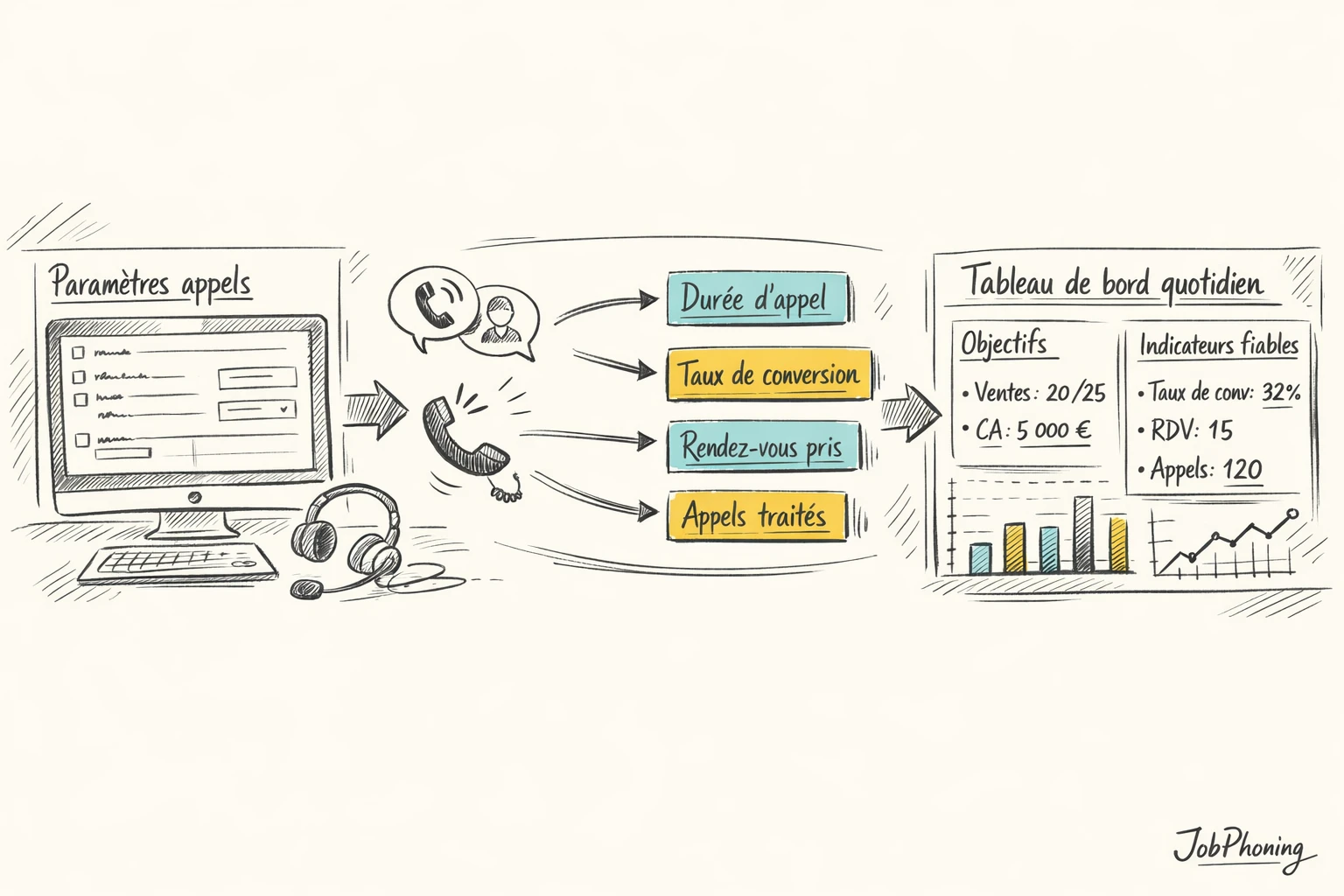 Schéma représentant la configuration d’un outil d’appels B2B via blocs séquencés et flèches.