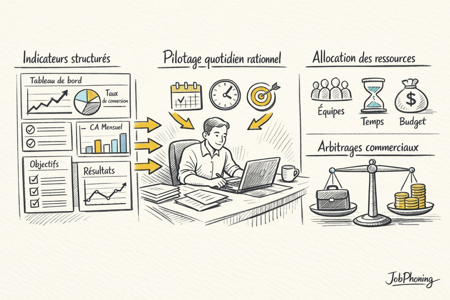 Infographie représentant le pilotage de la prospection via tableau de bord central, blocs KPI et