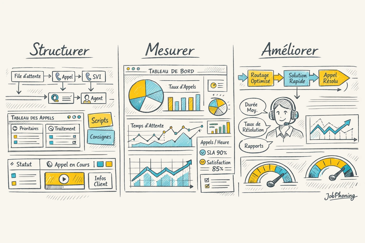 Infographie représentant trois usages d’un logiciel call center via colonnes colorées et blocs alignés