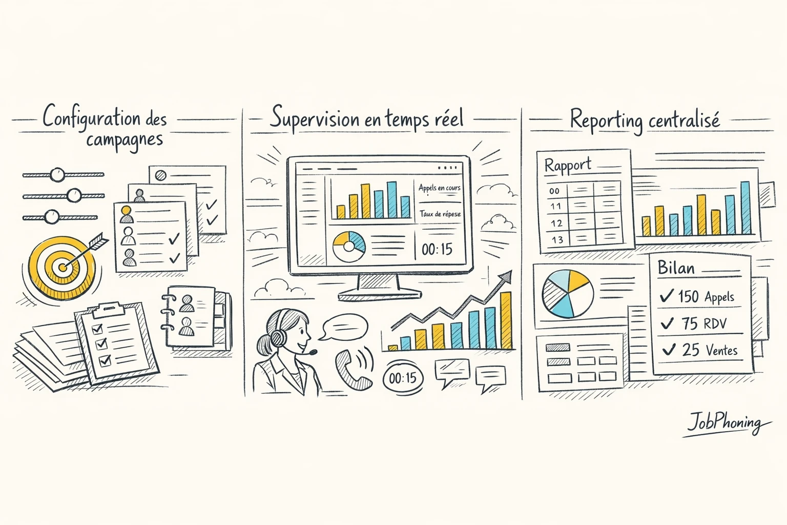 Schéma représentant le parcours JobPhoning via blocs reliés illustrant campagnes, appels, supervision et synchronisation CRM.