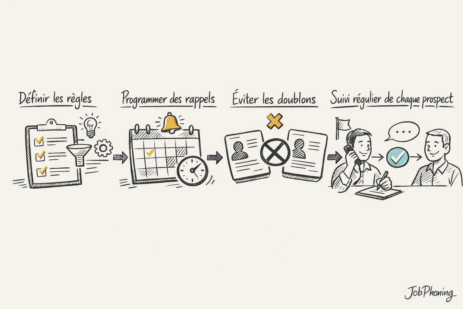 Schéma représentant la configuration d’un outil de relance prospects via blocs successifs reliés par des