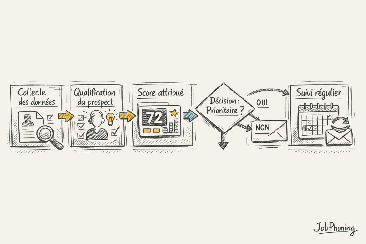 Schéma représentant la qualification et le scoring des prospects via rectangles, flèches et icônes abstraites