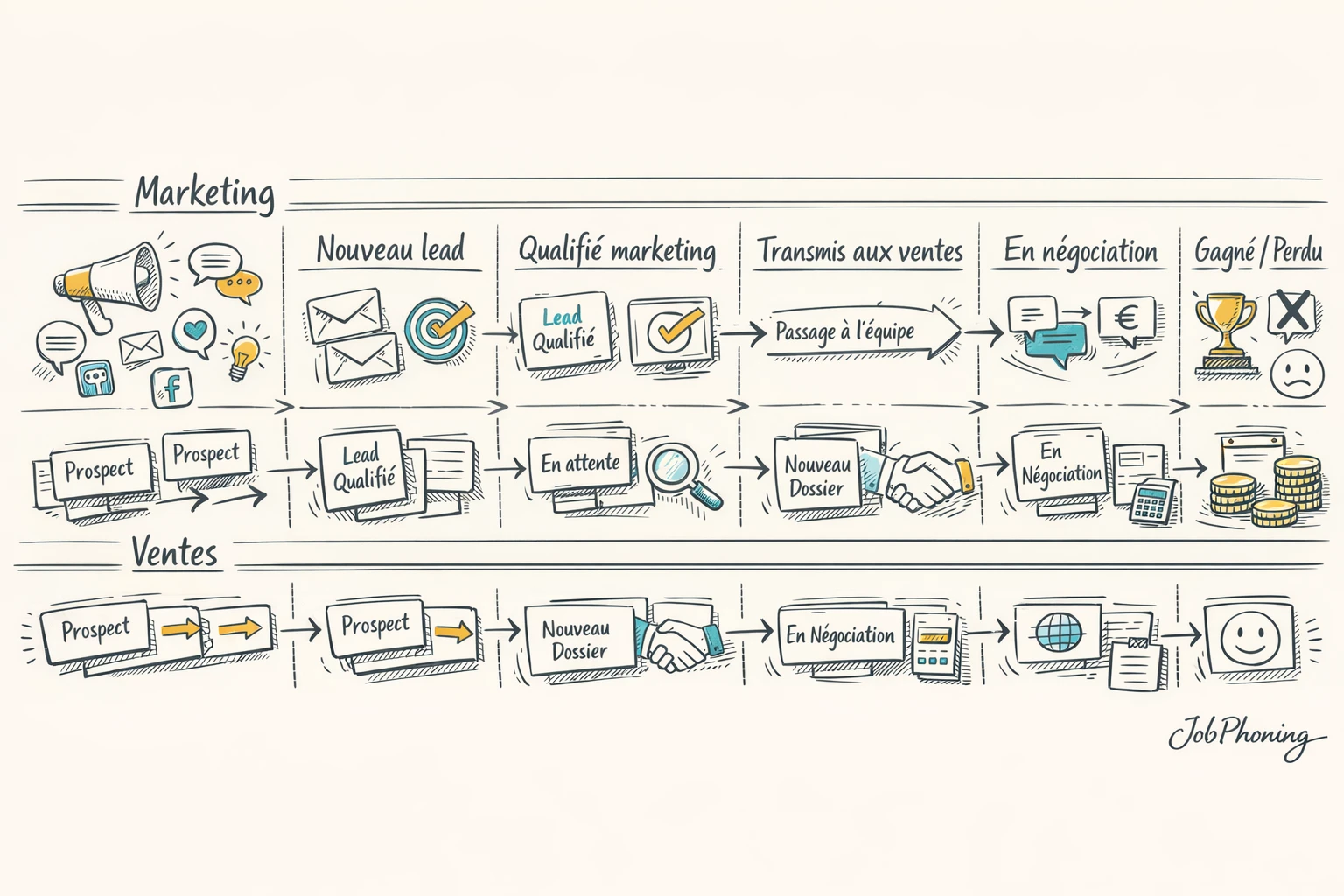 Infographie représentant le flux de prospects via pipeline central PRM reliant marketing et ventes.
