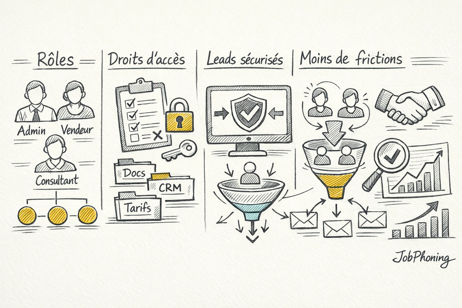 Schéma représentant la définition des droits partenaires via un flux de blocs bleus et jaunes