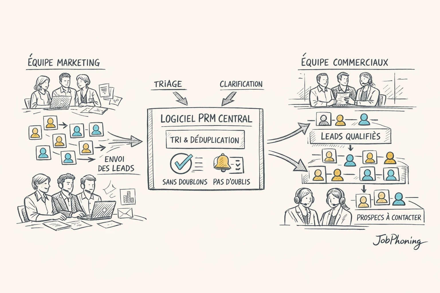 Schéma représentant l’orchestration des leads via un noyau central relié à plusieurs flux structurés.