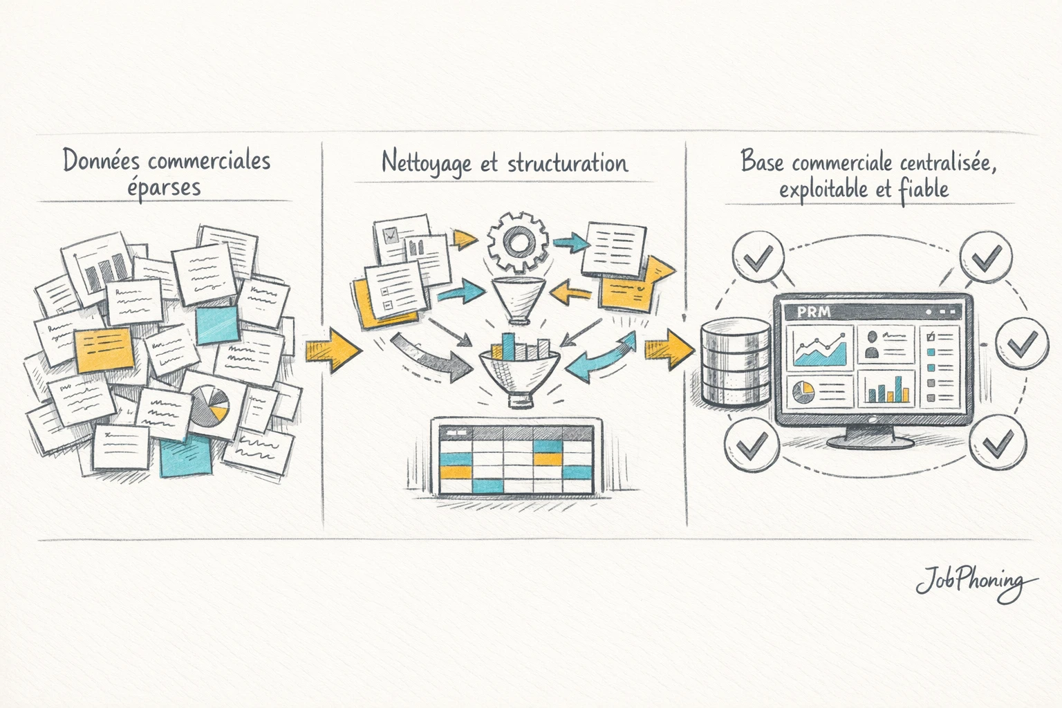 Schéma représentant la fiabilisation des données commerciales via enchaînement de blocs et flèches minimalistes bleus
