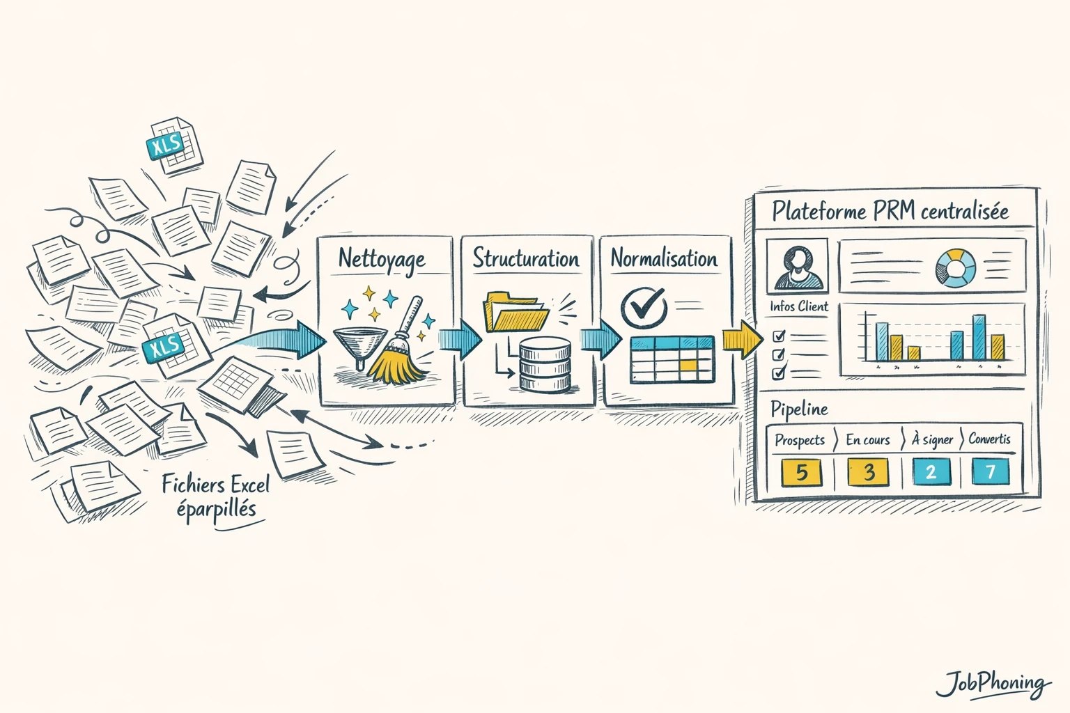 Schéma représentant la migration vers un PRM via blocs, flèches et tableaux abstraits