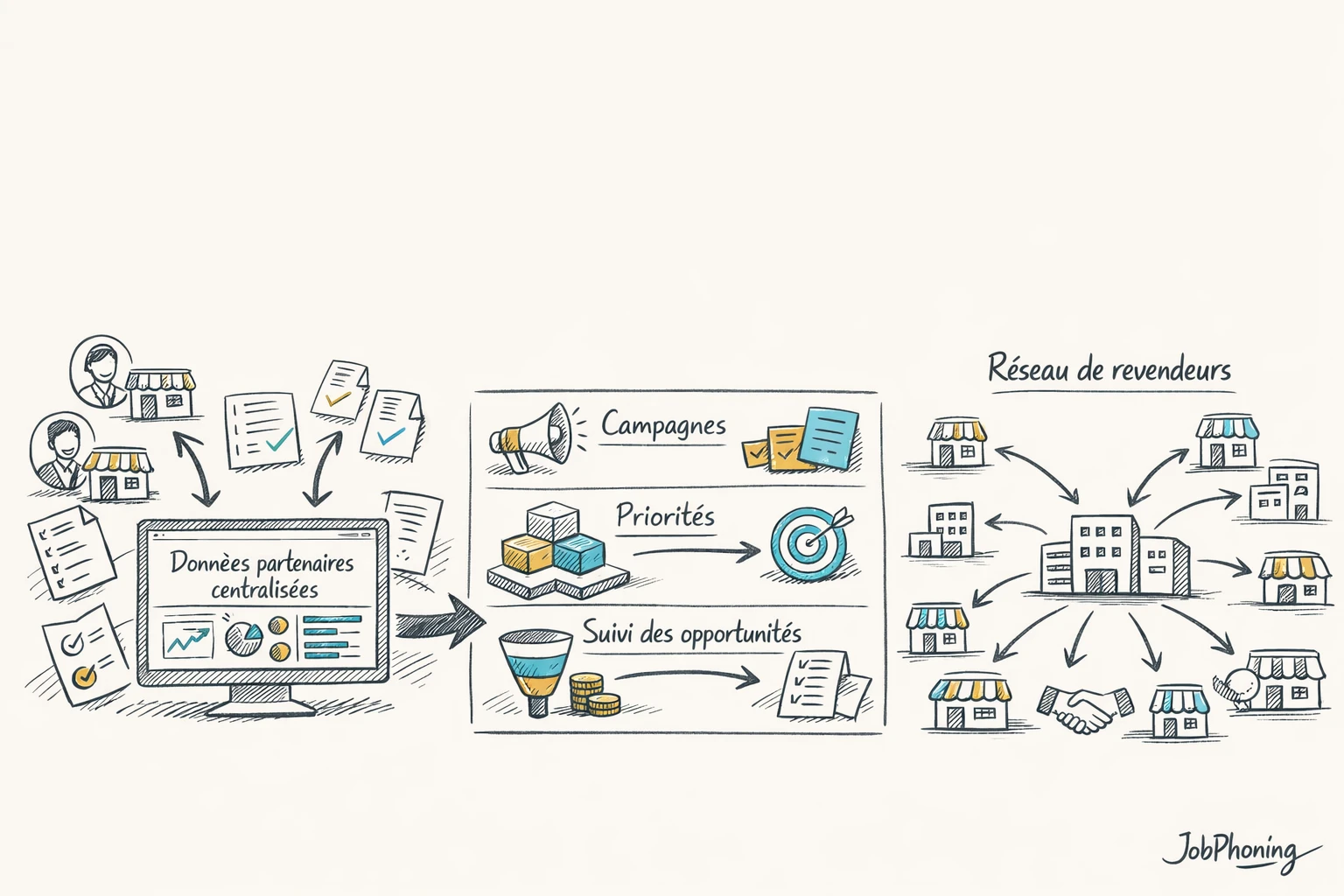 Schéma représentant la structuration d’un réseau de revendeurs via hub central, segments et pipelines connectés