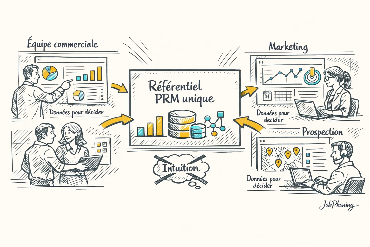 Schéma représentant la coordination des indicateurs PRM via un noyau central et trois tableaux de