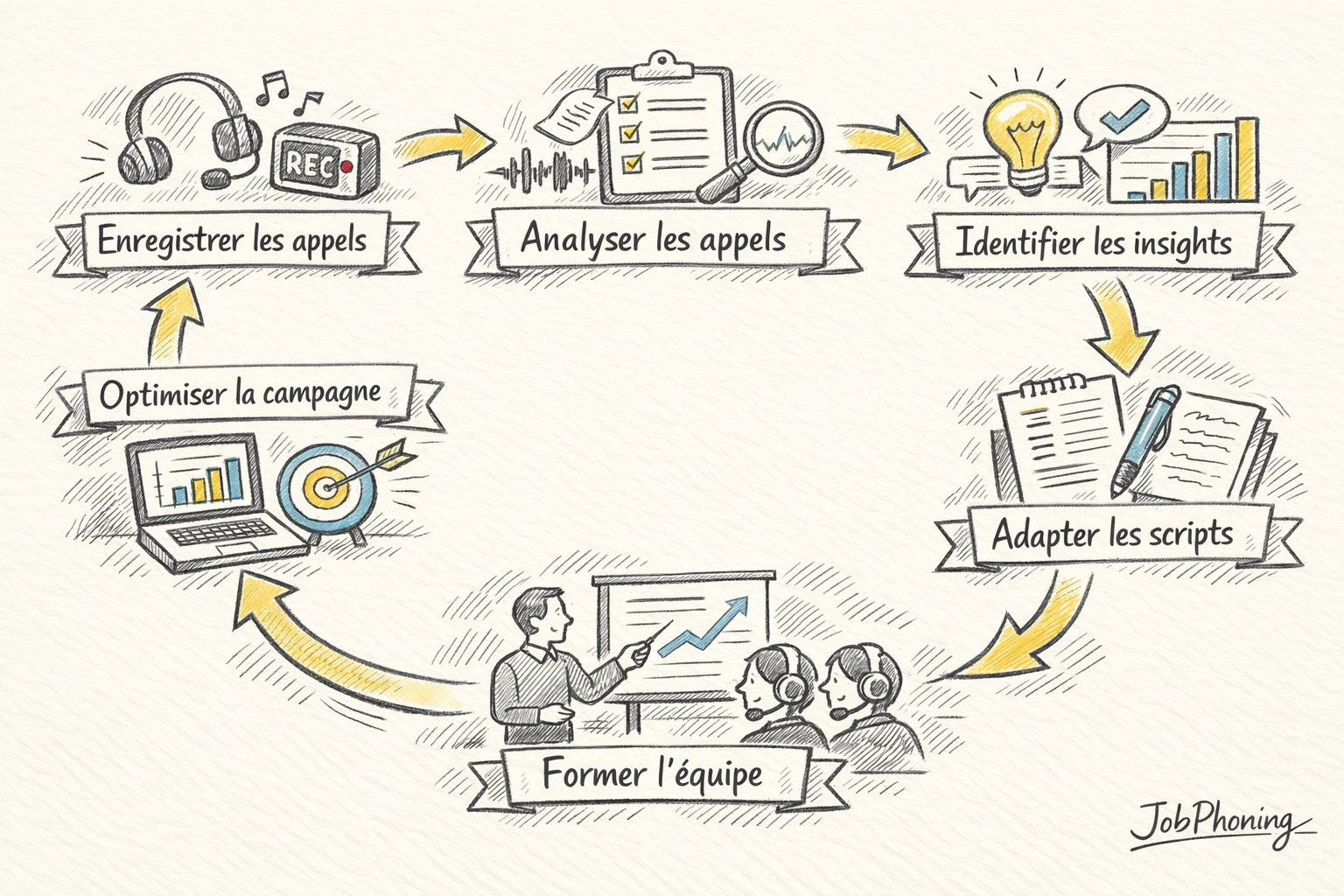 Schéma représentant l’exploitation des écoutes d’appels via un enchaînement de blocs reliés et flèches.