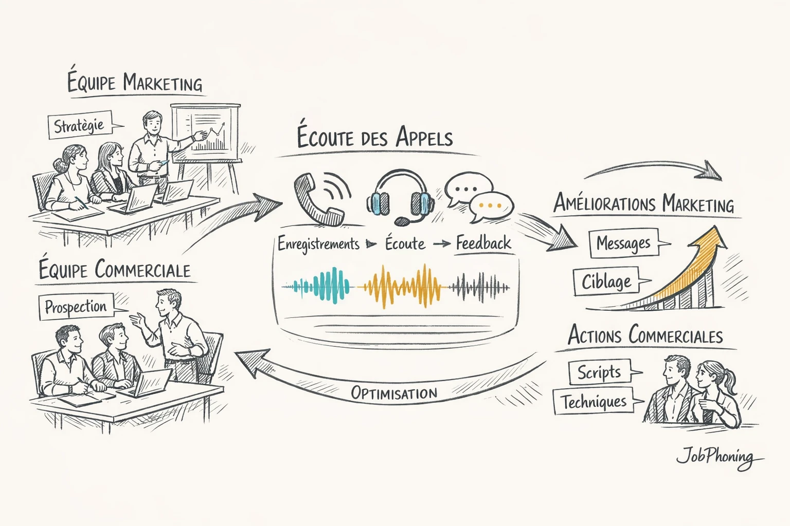 Schéma représentant l’organisation de l’écoute des appels via cercle central et blocs reliés.
