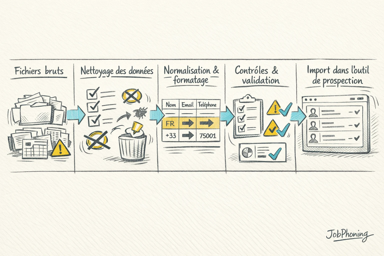 Schéma représentant la préparation et le nettoyage de fichiers via blocs reliés et flèches séquentielles