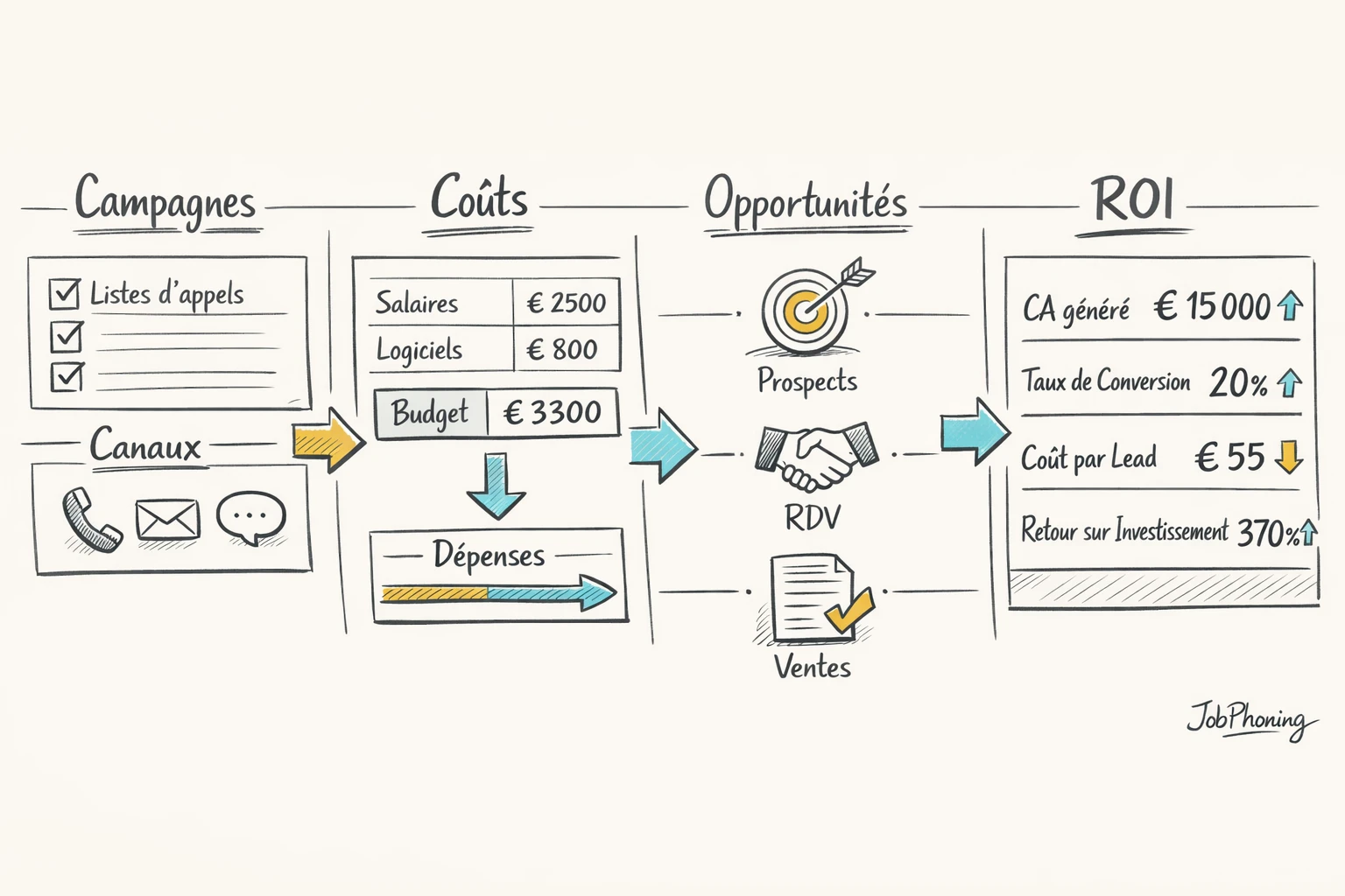 Schéma représentant la configuration d’un outil de prospection en tableau de bord ROI via blocs