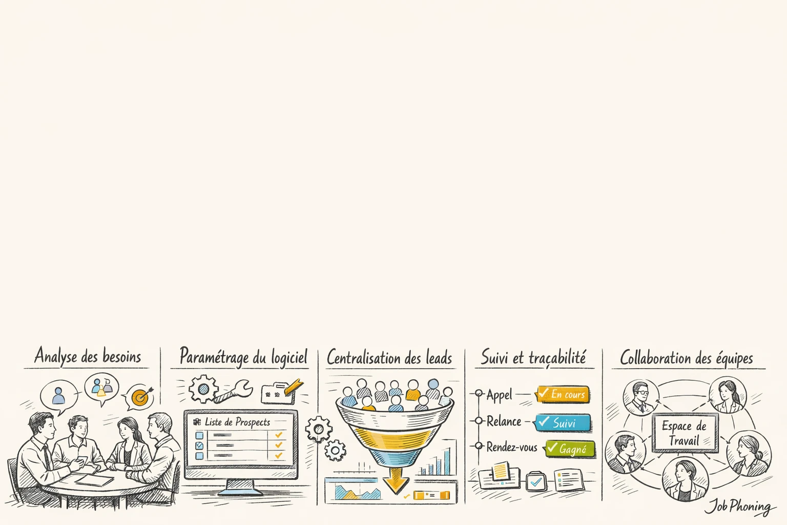 Schéma représentant le déploiement d’un logiciel de prospection via enchaînement de blocs et flèches minimalistes