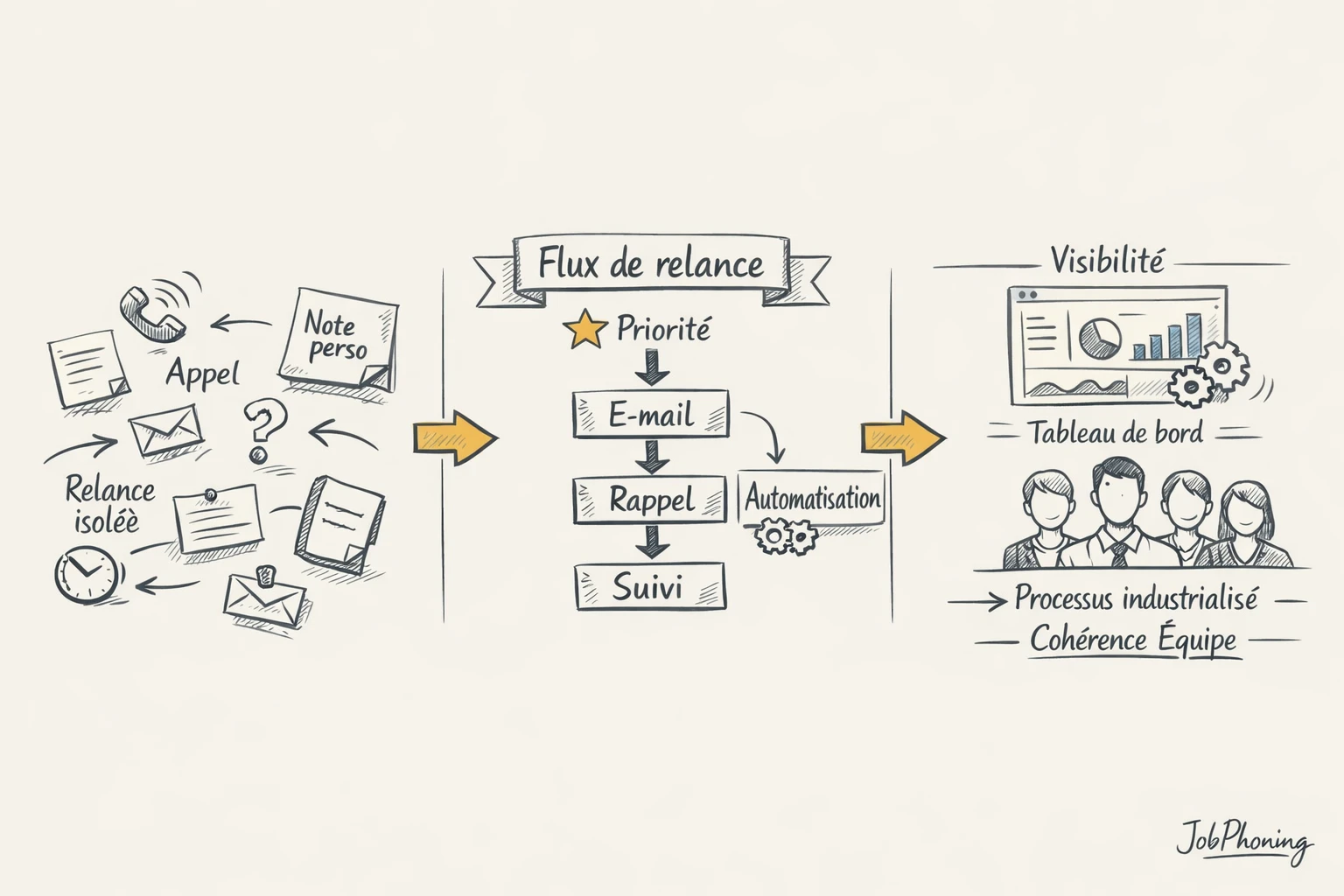 Schéma représentant un flux de relance commerciale via blocs successifs et flèches colorées