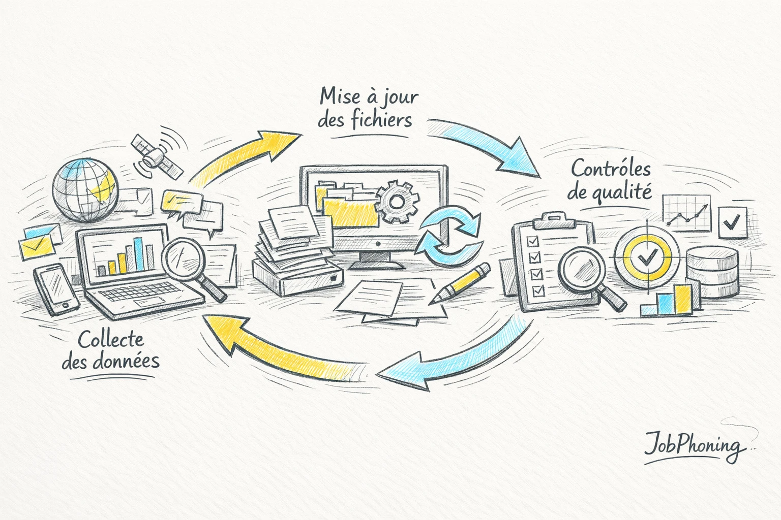 Schéma représentant le cycle de vie des données via flèches, blocs alignés et icônes abstraites