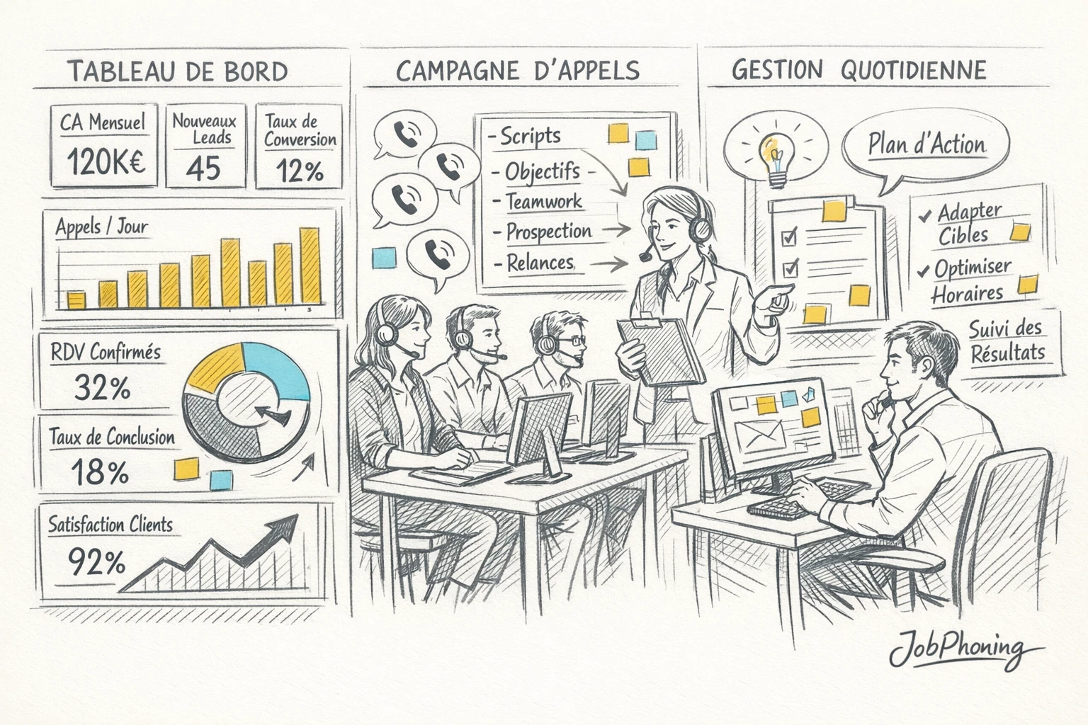 Schéma représentant l’organisation quotidienne des appels B2B via tableau de bord central, entonnoir et blocs