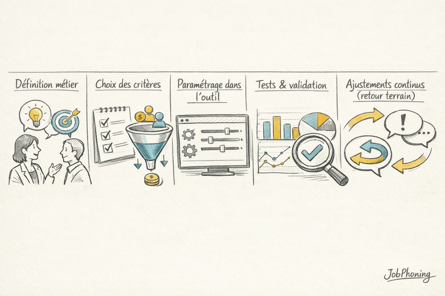 Schéma représentant un modèle de scoring commercial via un flux d’étapes connectées et icônes abstraites