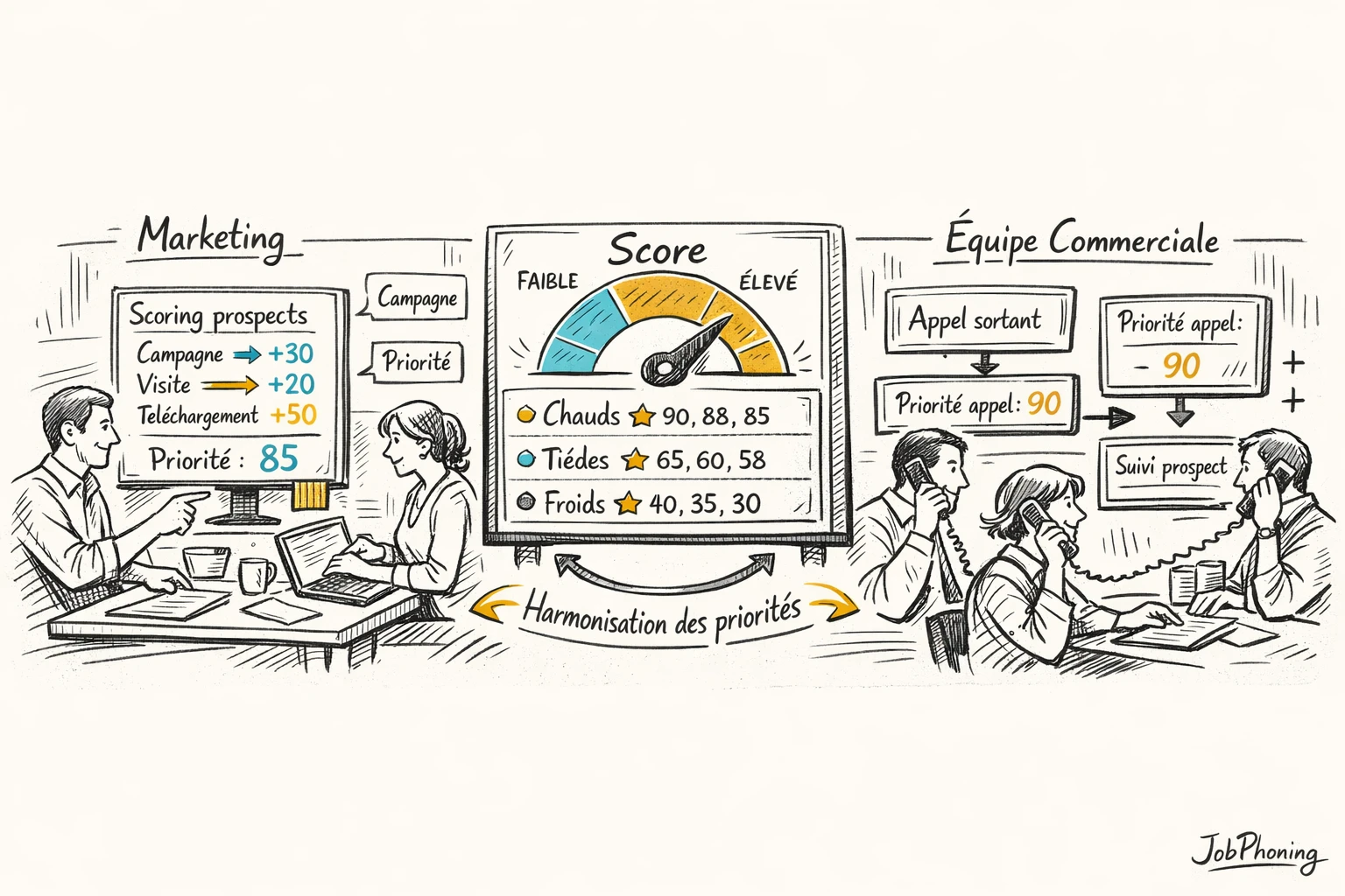 Schéma représentant l’alignement marketing-vente via un noyau central relié à plusieurs colonnes de contacts.