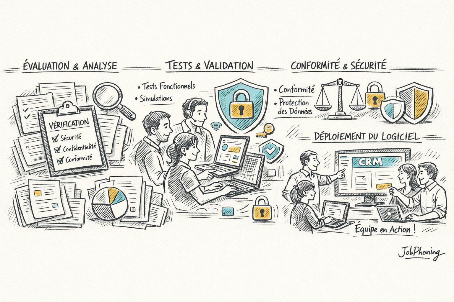 Schéma représentant un parcours d’évaluation de logiciel via blocs reliés et flèches successives