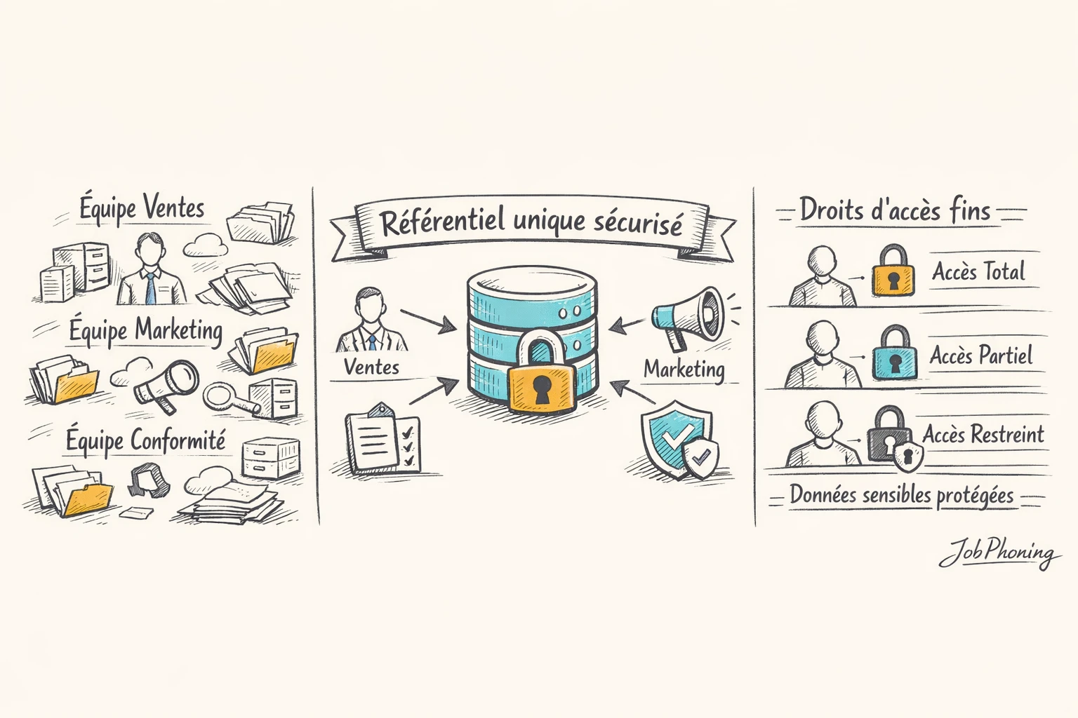 Infographie représentant l’orchestration d’un outil de prospection sécurisé via base centrale, cercles protecteurs et blocs