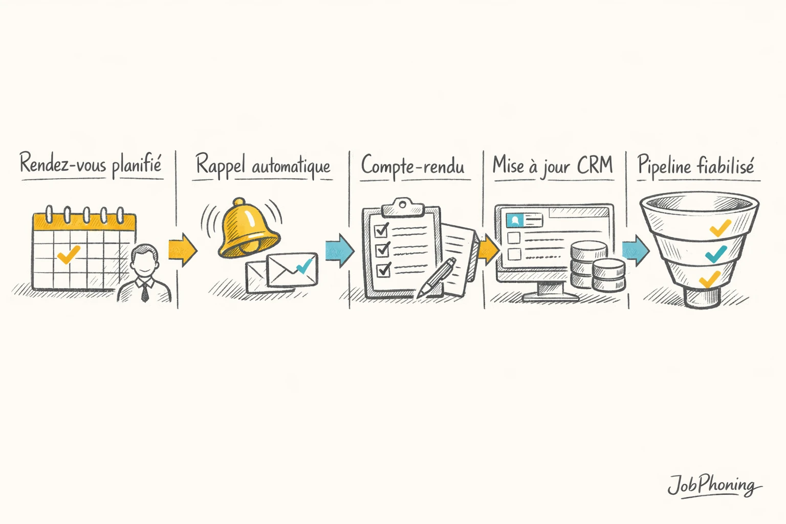Schéma représentant le suivi des rendez-vous via blocs alignés et flèches séquentielles colorées.