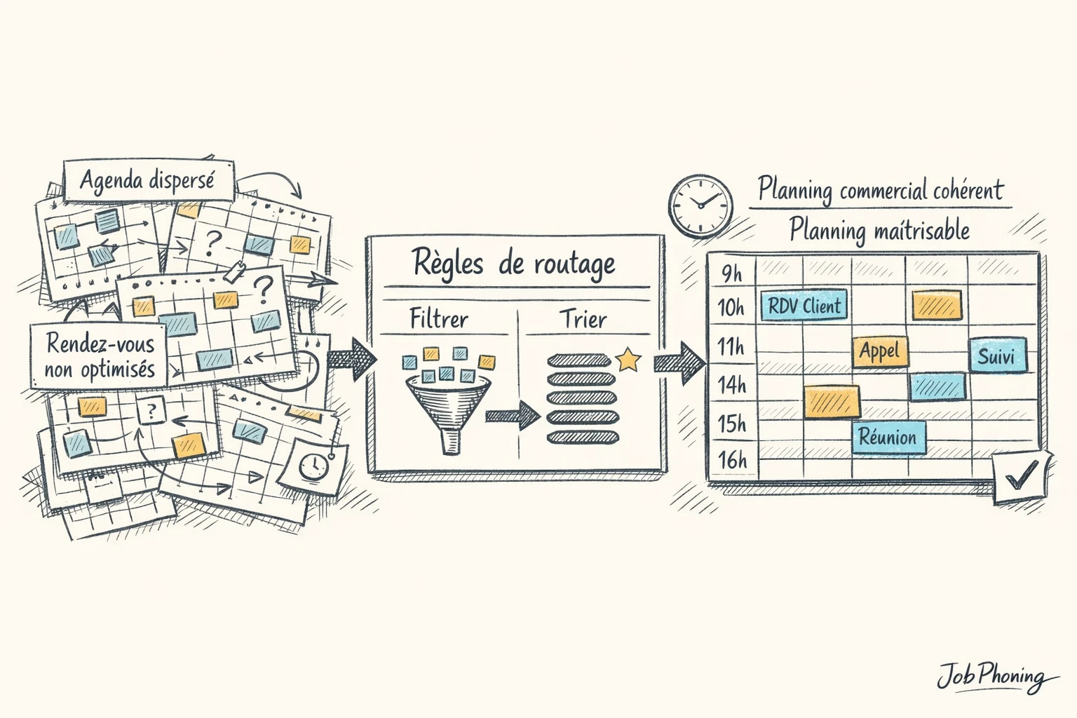 Schéma représentant l’alignement rendez-vous, priorités et agendas via calendrier central et flux colorés