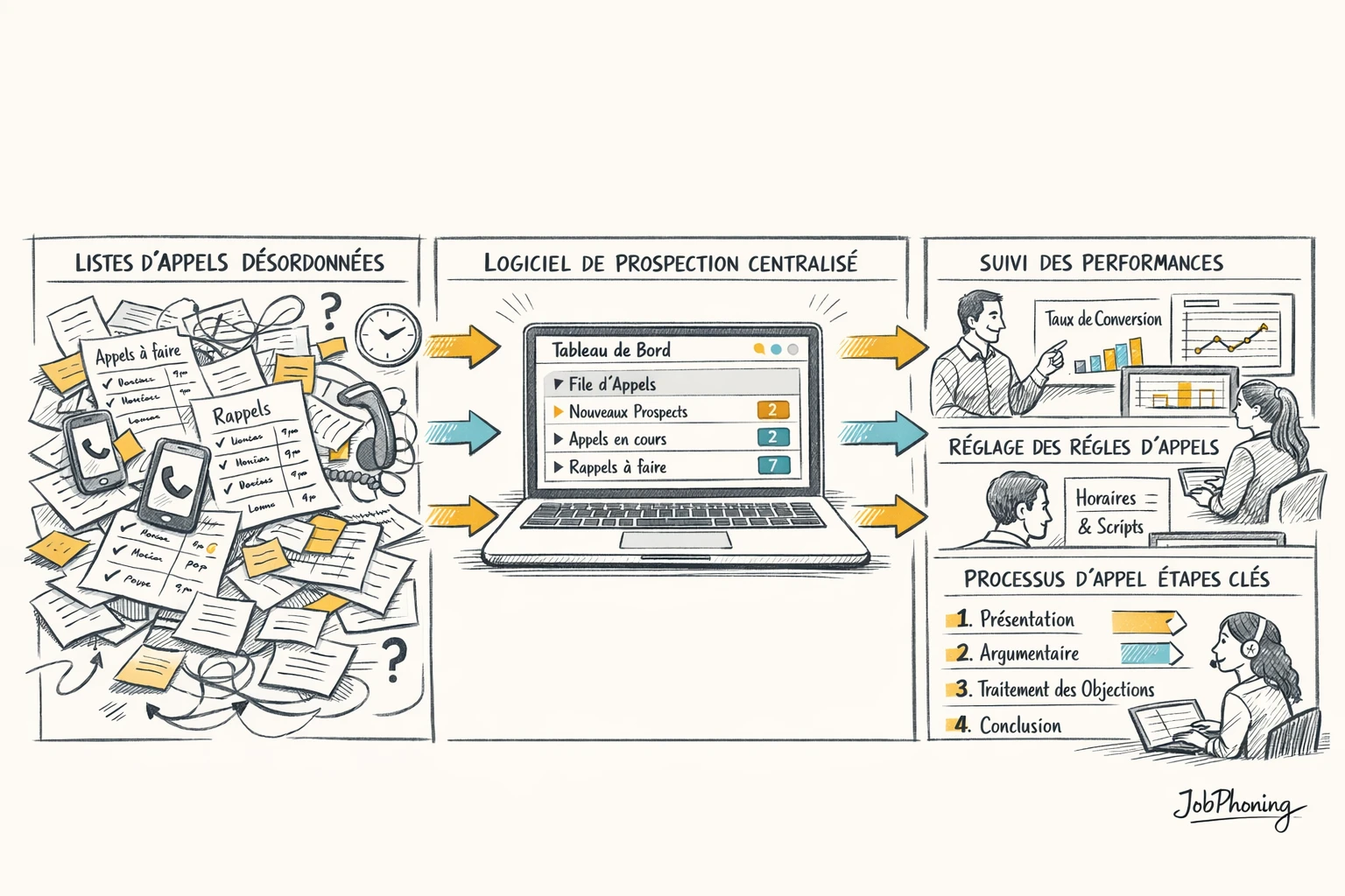 Schéma représentant l’organisation d’une campagne d’appels via blocs séquencés, flèches et icônes abstraites de données