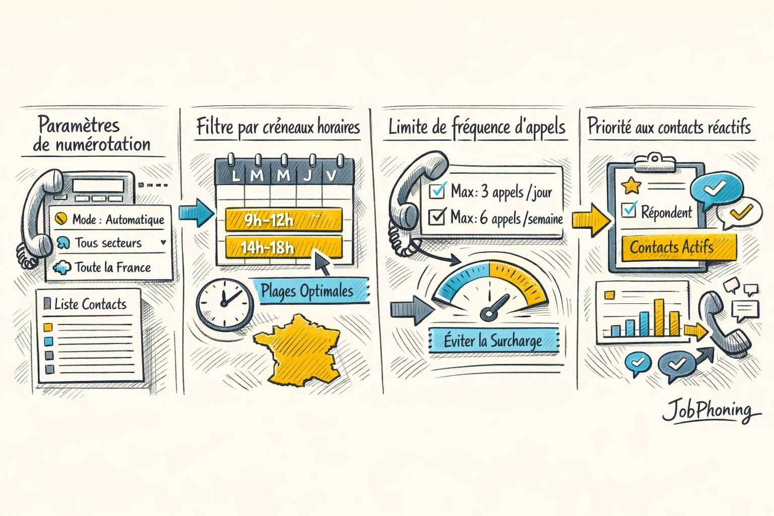 Schéma représentant l’optimisation d’un dispositif d’appels B2B via blocs reliés, flèches et écrans abstraits.